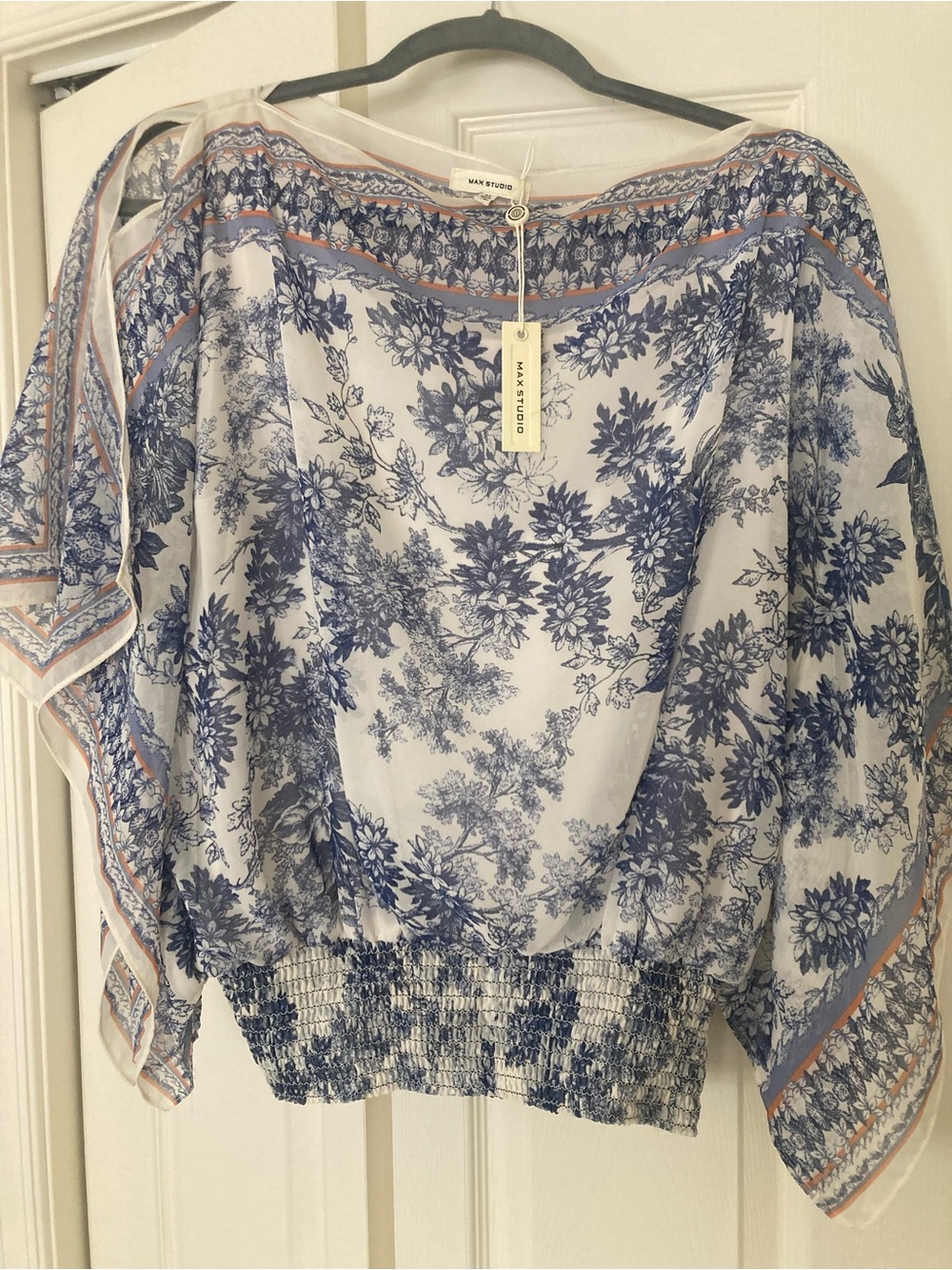 Max Studio White and Blue Floral Off-Shoulder Tunic with Tan Trim